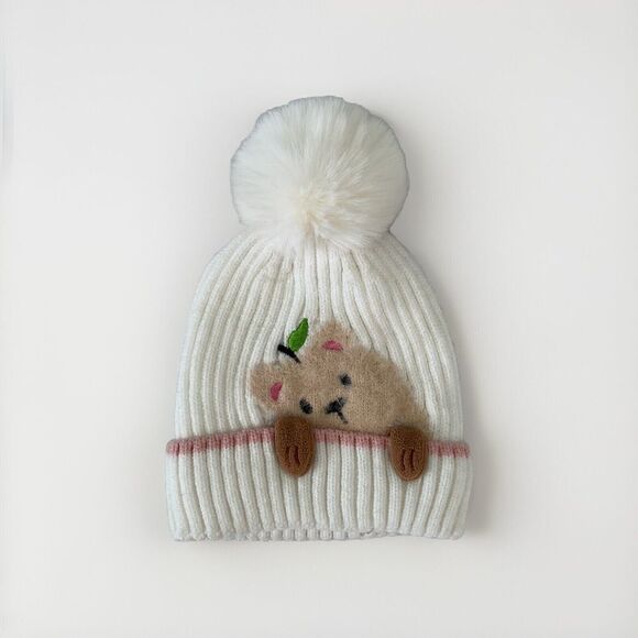 Peak A Boo Bear Beanie Pom Pom Kids White Furry - Picture 1 of 3